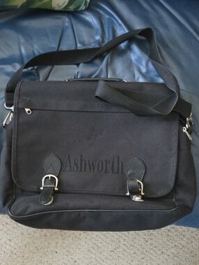 Ashworth Black Canvas Messenger Bag with Buckle Accents